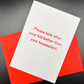 The Mail Minx funny baby shower greeting card that is white and says "Please look after your kid better than your houseplant" in red; with a red envelope