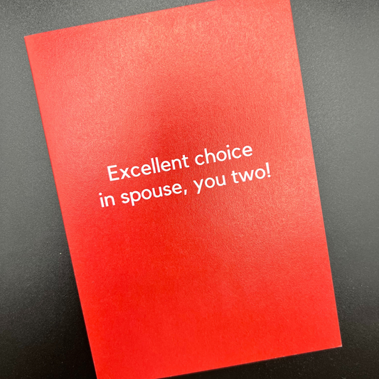 A red greeting card that says "Excellent choice in spouse, you two!" in white text, designed by The Mail Minx